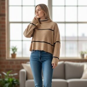 SHEIN // Knit Turtleneck // Tan with Black Stripes